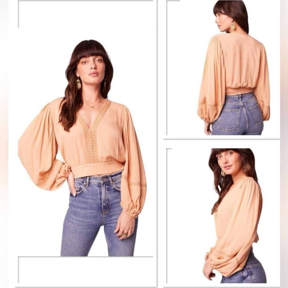 BOG Band of the Free Brie Light Camel Long Sleeve Top Lace Inserts Size …